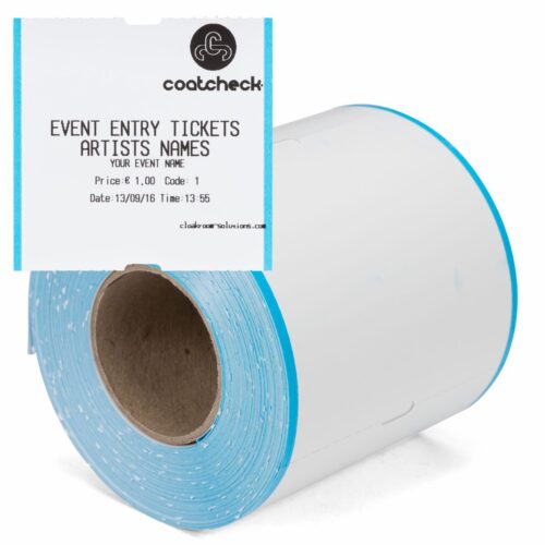 Coatcheck rol, entreetickets zonder controlestrook, 14 rollen x 325 tickets, wit met blauwe rand